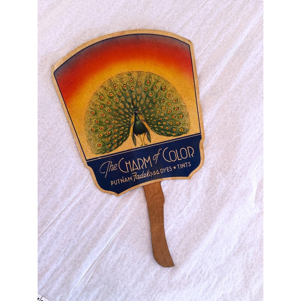 Vintage 1930s - 1940s Advertising Hand Fan Peacock Graphics